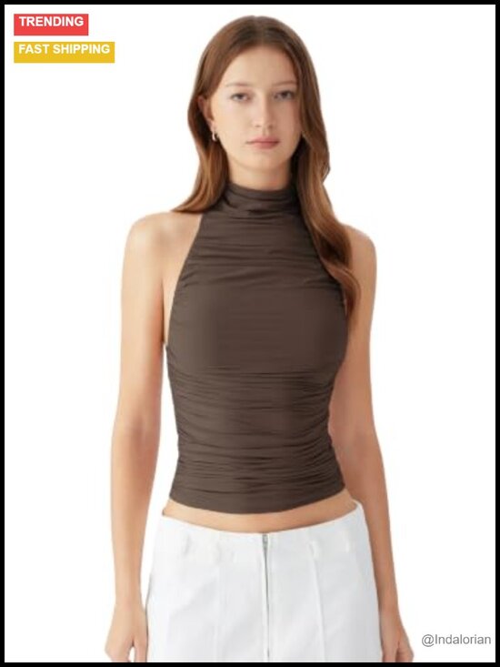 Tops - Padded Halter Turtleneck Crop Top Bodycon Tank Ruched Backless Going Out Y2K
